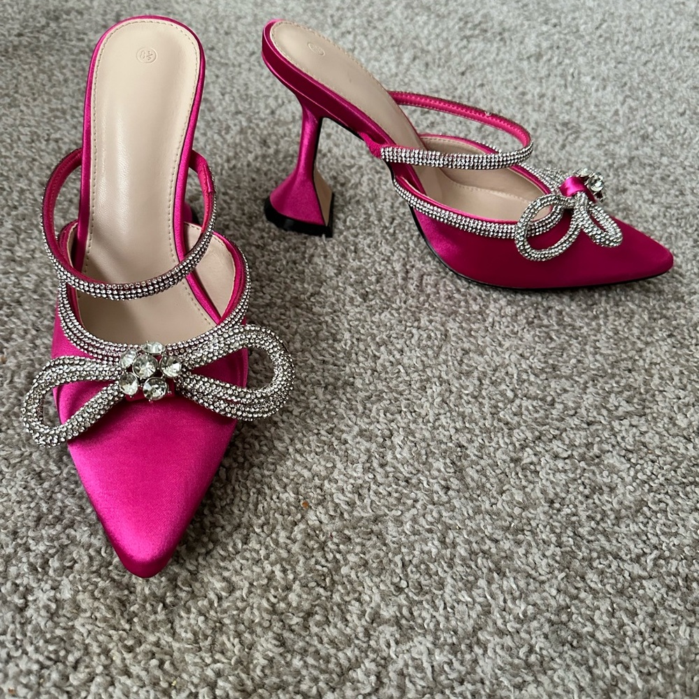 Fuchsia Pink Silk and Rhinestone Slides